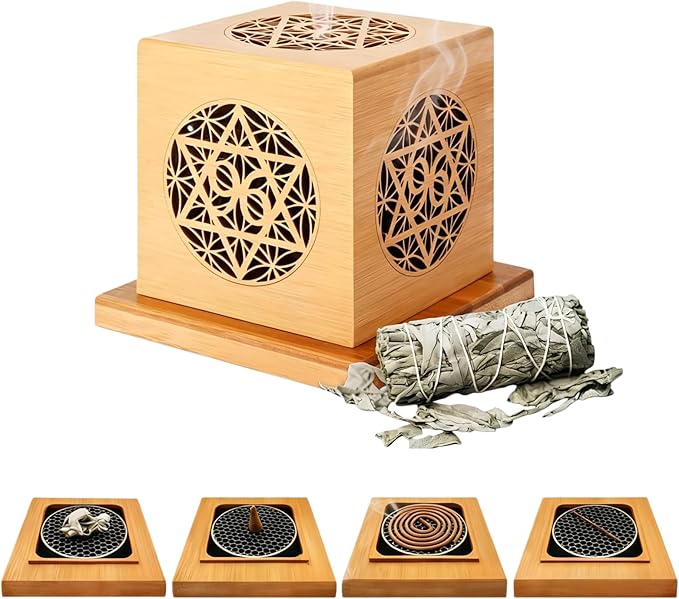 4 Inch White Sage Smudge Stick Set, Bamboo Incense Burner with Ash Catcher & Anti-Spill Dish, Multi-use Incense Holder for Sticks Cones Spirals, for Cleansing Meditation Yoga Aromatherapy