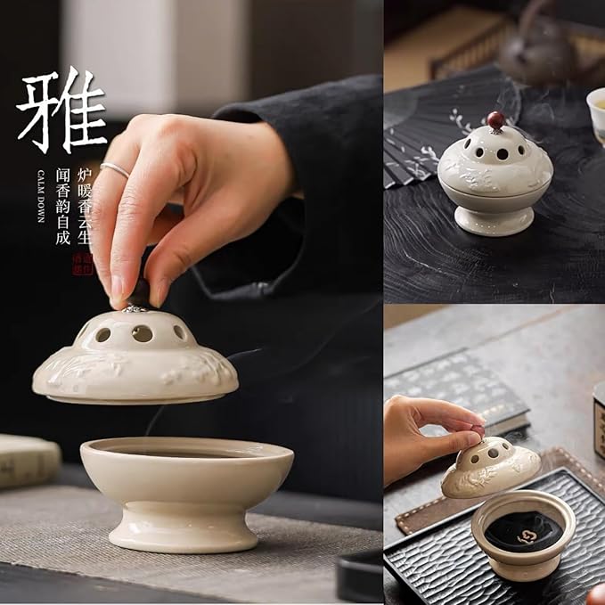 Ceramic Incense Burner - Creamy White insence Holder for Frankincense, Bakhoor, Charcoal, Stick, Powder, Cone, Coil, and Tower Incense