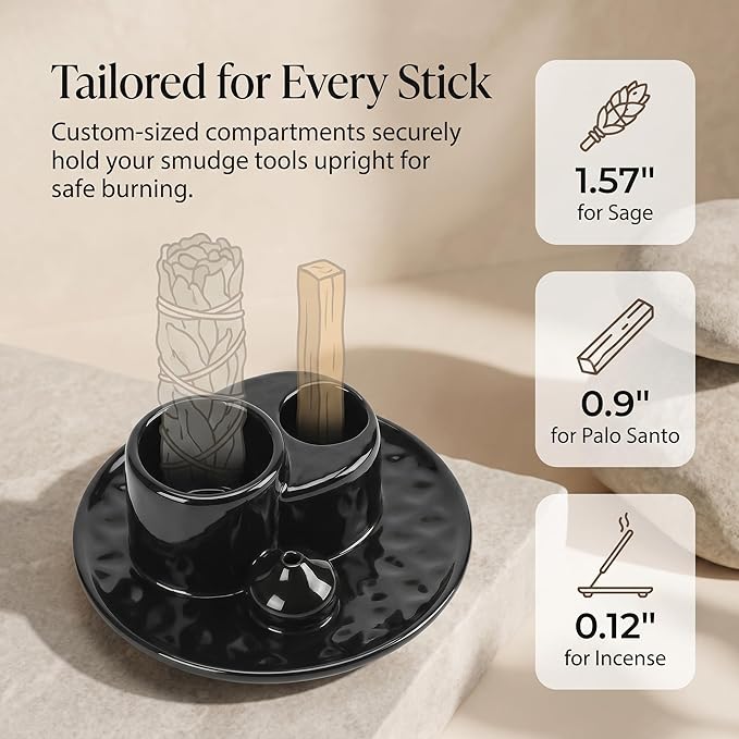 Palo Santo Sticks Holder, Multi-Purpose Handmade Ceramic Incense Burner for Palo Santo Incense Sticks, Sage Holder for Burning, Ash Catcher Tray for Meditation Yoga Room (Black)