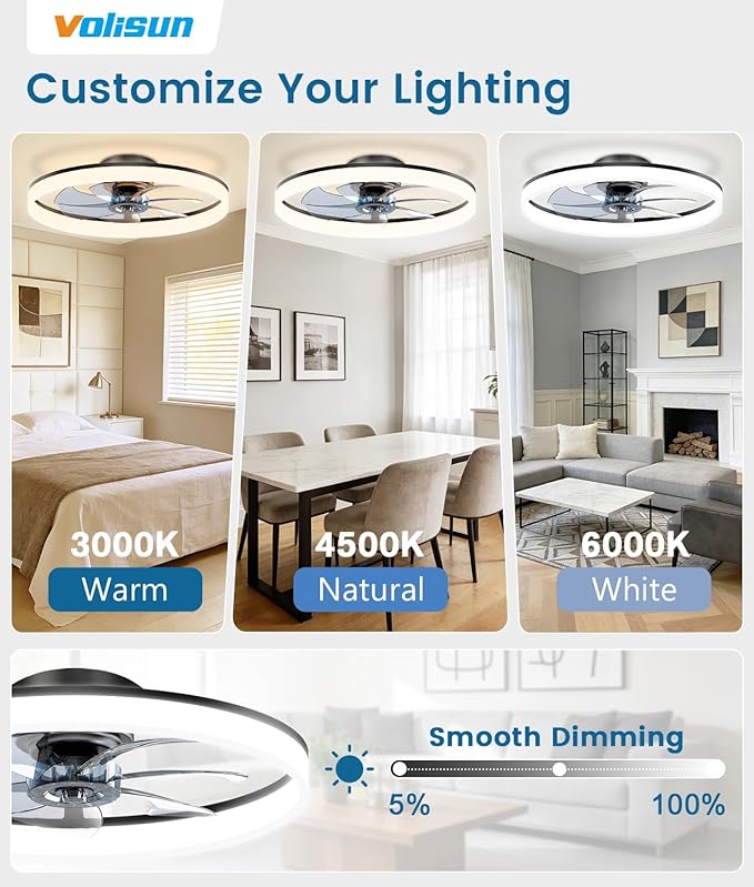 VOLISUN Low Profile Ceiling Fans with Lights and Remote, 24in Fandelier Ceiling Fan Flush Mount, 3000K-6500K Smart Bladeless LED Fan Light, Black Modern Ceiling Fans with Lights for Bedroom