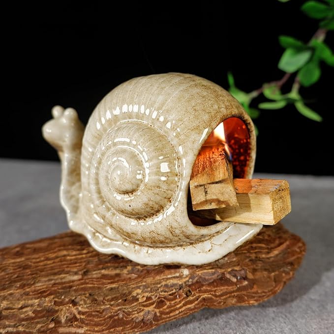 MOUGIGI Handmade Ceramic Snail Palo Santo Holder & Mini Chiminea Incense Dish- Elegant Cone Burner for Palo Santo Sticks & Sage-Perfect for Energy Cleansing, Yoga, Meditation, Zen, Altar, Aromatherapy