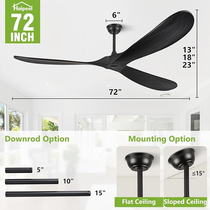 Haipeel 72 Inch Wood Ceiling Fan no Light, Large Ceiling Fans without Lights and Remote Control, Modern Black Indoor Outdoor Ceiling Fan no Light Propeller for Patios Garage High cfm ETL, Matte Black