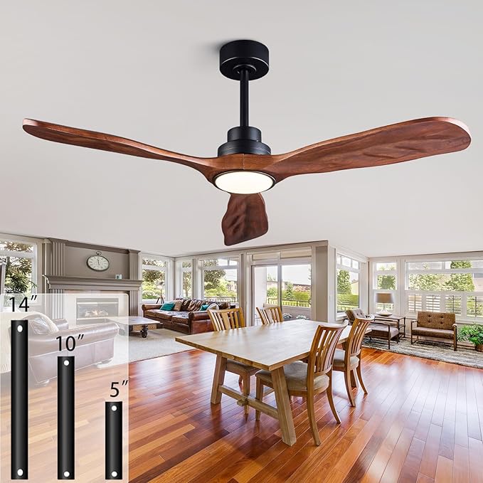 52 In Wood Ceiling Fan with Light,Noiseless Reversible DC Motor with Remote | tung walnut wood blades, ultra quiet dc motor, remote control, dimmable 3cct led, indoor outdoor for patio office farmhouse