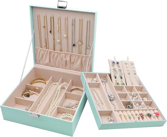 ProCase 2 Layers Jewelry Box for Women -Mint | Large Leather Jewelry Organizer Storage Case with Removable Pad for Earrings