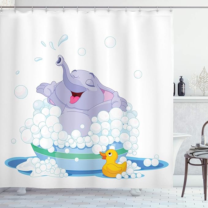 Ambesonne Cartoon Shower Curtain, Takes Bubble Bath in Basin with Duck Water Games Wild Animals Theme Print, Cloth Fabric Bathroom Decor Set with Hooks, 69" W x 75" L, Multicolor