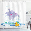 Ambesonne Cartoon Shower Curtain, Takes Bubble Bath in Basin with Duck Water Games Wild Animals Theme Print, Cloth Fabric Bathroom Decor Set with Hooks, 69" W x 75" L, Multicolor