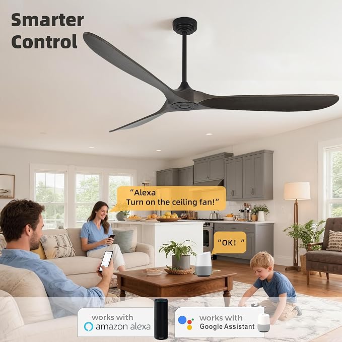 Ceiling Fan Without Light, 72 Inch Smart Wood Ceiling Fan no Lights, Compatible with Alexa/Google, 3 Natural Walnut Blades, Remote, Quiet Reversible DC Motor for Indoor Outdoor, Dark Brown