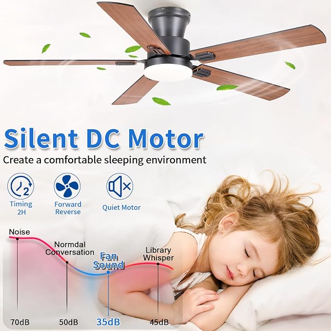 NKPU 52" Ceiling Fans with Lights, Low Profile Ceiling Fan with Light and Remote/APP Control, 6 Speed, Dimmable, Safe Quiet DC Motor, Brown Flush Mount Ceiling Fan for Bedroom Indoor/Outdoor Use