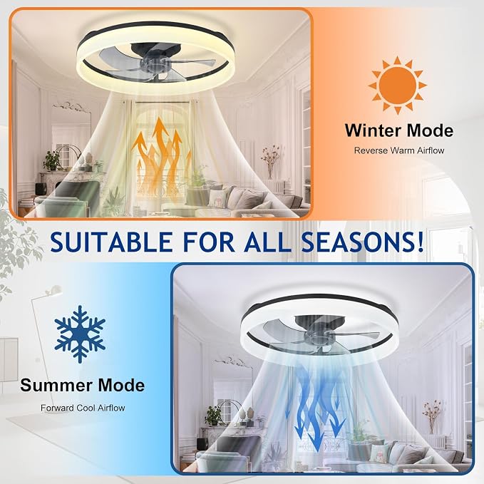 DLLT Low Profile Ceiling Fan: 20" Modern Flush Mount Ceiling Fans with Lights for Bedroom - Black LED Bladeless Fandelier with APP Remote Control 3000K-6500K Quiet DC Motor for Kids Room Living Room