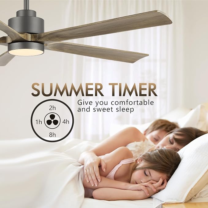 ELEHINSER 52" Modern Ceiling Fan with Light and Remote Control, 5 Solid Wood Blades 6-Speed Noiseless Reversible DC Motor, Ceiling Fan for Kitchen Dinning Living Room, Charcoal Finish with Wood Blades