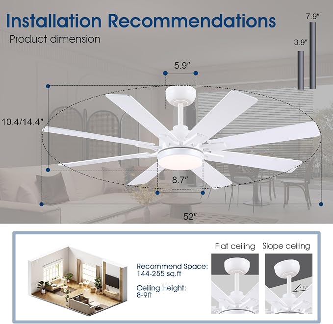 Kviflon 52 Inch Ceiling Fans with Lights, Modern White Ceiling fan with light for Bedroom Living Room Indoor Outdoor, Remote/APP Control, Reversible Quiet DC Motor, Dimmable LED, 8 Wooden Blades