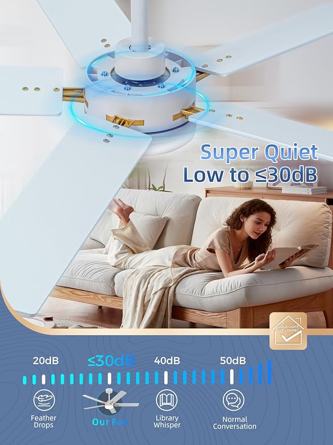 LANMEL 52 Inch Ceiling Fans with Lights, App&Remote Control, Low Profile Modern Ceiling Fan, 6 Speed, Reversible, 3000k-6500k Dimmable LED, Quiet DC Motor for Indoor Outdoor Use, Gold White