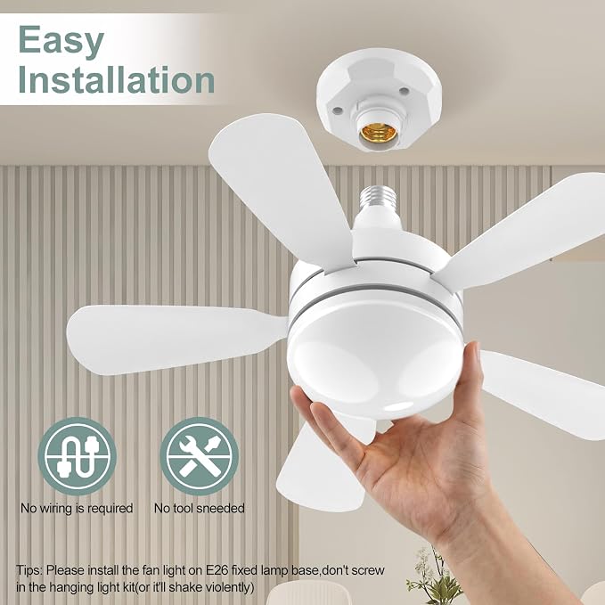 17.7" Socket Fan Light, 3000 Lumens Small Ceiling Fans with Lights and Remote, E26/E27 Light Bulb Fan with Reversible Motor, Dimmable 3000K-6500K Light Socket Fan for Bedroom Kitchen Garage