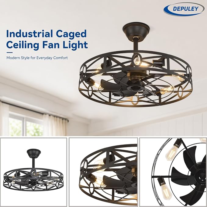 Depuley Caged Ceiling Fans with Light: 24-Inch Black Metal Enclosed Farmhouse Fandelier for Kitchen Bedroom - Industrial Semi Flush Mount Ceiling Fan with Remote 6 Speeds Reversible Motor Timer