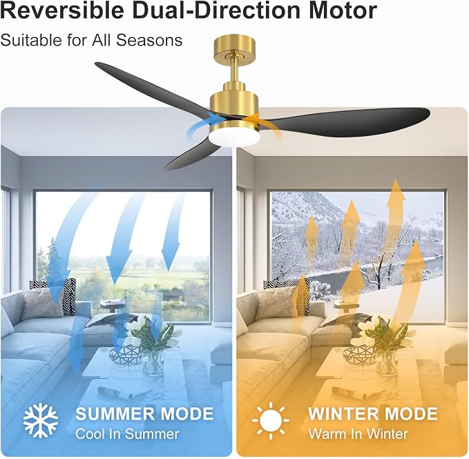 52" Ceiling Fans with Lights and Remote, Quiet DC Motor, 3 Reversible Blades, Modern Gold and Black Ceiling Fan with 3-Color LED Light Fandelier for Bedroom Living Room