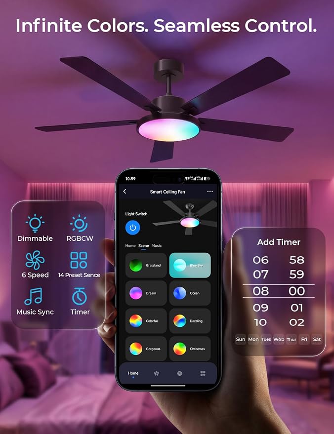 CINOTON Smart Ceiling Fan with Lights, 52'' RGBCW Ceiling Fan with Lights and Remote App Voice Control, Reversible DC Motor, 2600lm LED, 6 Speeds & 2 Fan Mode, Quiet Fan for Bedroom, Living Room Brown
