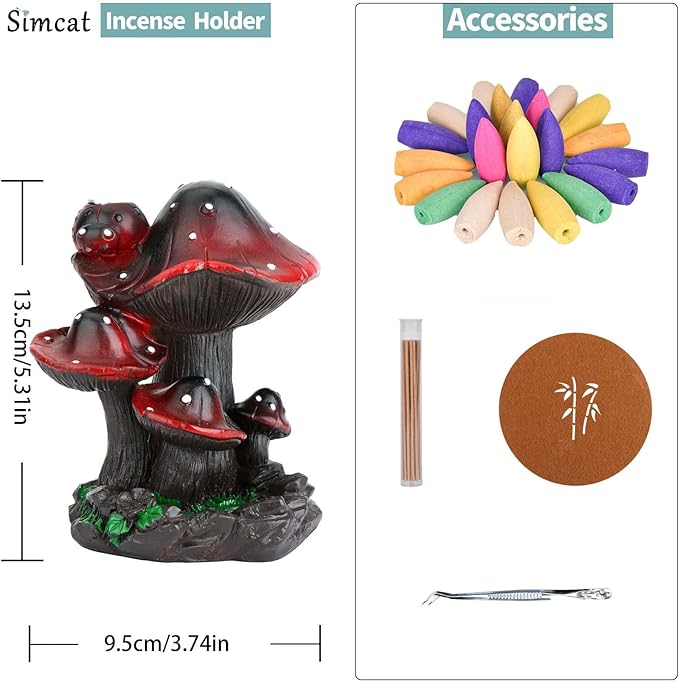 Simcat Backflow Incense Burner Holder Mushroom Handicraft Decor Resin Reverse Flow Incense Burner Censer Cone Incense Waterfall Burner + 20 Backflow Incense Cones 30 Incense Sticks 1 Tweezer 1 Mat