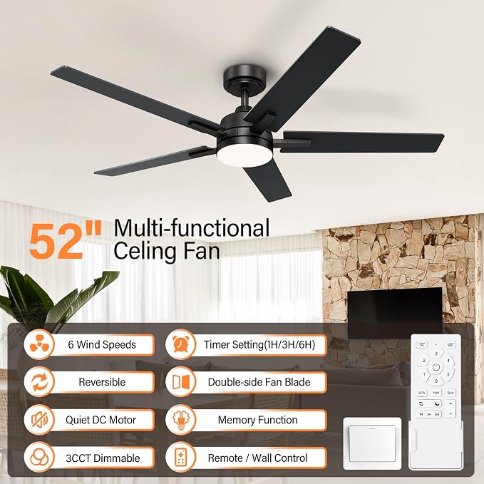 52 Inch Black Ceiling Fans with Lights and Remote, Low Profile 5 Blades Ceiling Fan with Downrods, Reversible, 3CCT, Dimmable, Noiseless for Living Room, Bedroom and Patio
