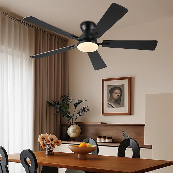 Ayaoty Ceiling Fans with Lights,52 Inch Black Low Profile Ceiling Fan with Light and Remote/APP Control-Flush Mount Dimmable, Quiet DC Motor for Outdoor Patio, Garage,Bedroom