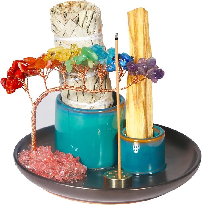 Dreamgirnh Multifunction Incense and Candle Holde, Crystal Tree Palo Santo Burning Sage Burner, Smudge Bowl Ash Catcher, Coffee Table Centerpiece Decor for Living Room, Women Gifts for Christmas