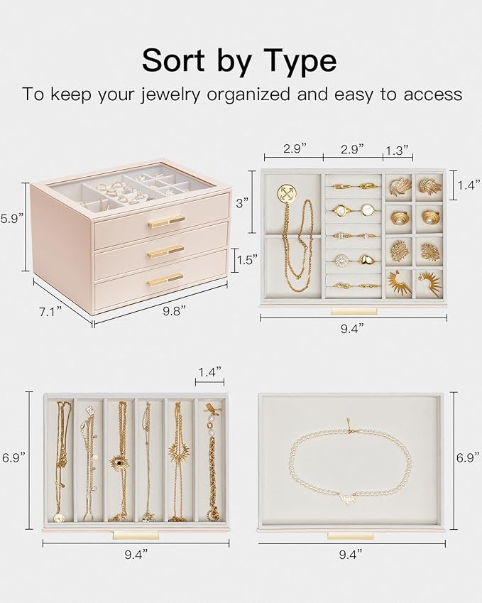 VLANDO Jewelry Box for Women, Glass Lid Jewelry Organizer with 3 Drawers for Necklaces Rings Earrings Bracelets - Nude Pink