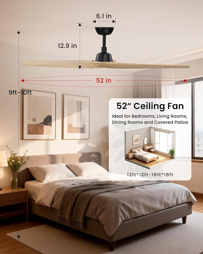Skylike 52in Modern Wood Ceiling Fan No Light with Remote for Bedroom-Light | Real Wood Blades, Quiet DC Motor,Reversible,Beep-Off Function,6 Speeds,3 Timers,6" downrod,Indoor and Outdoor
