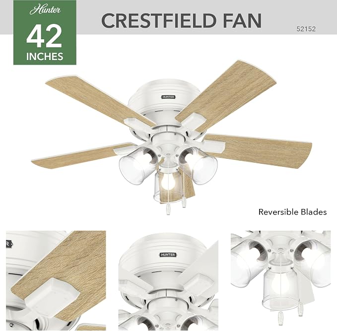 Hunter Crestfield, Indoor, Ceiling Fan, Quiet, 42 inch, Fresh White