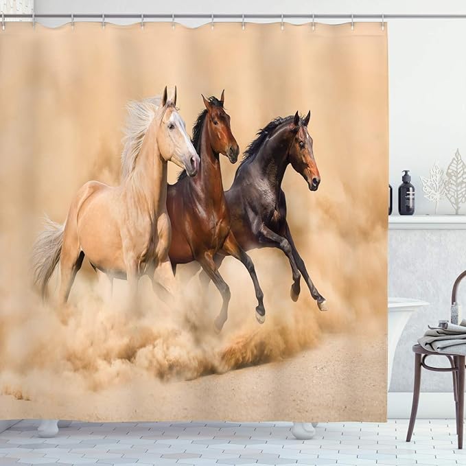 Ambesonne Horses Shower Curtain, 3 Horse Running in Desert Storm Mythical Mystic Messenger Animals Habitat Print, Cloth Fabric Bathroom Decor Set with Hooks, 69" W x 70" L, Brown Cream