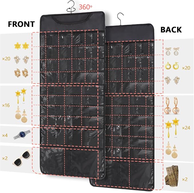 FOREGOER Hanging Jewelry Organizer Storage Roll 88 Zippered Pockets,Dustproof Foldable for Travel,Double-Sided Accessories Organizer Holder for Earring Necklace Ring on Closet Wall Door(Black,1 Pack)