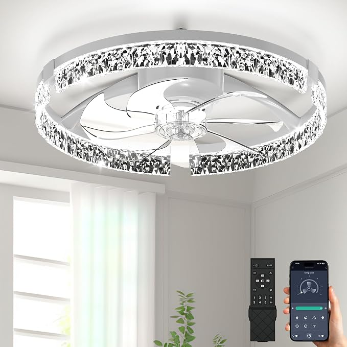 Ceiling Fans with Lights and Remote,20''Low Profile Ceiling Fan,3000-6000K Dimmable Modern Flush Mount LED Fan Light,6 Wind Speeds for Bedroom (White, 20-inch Foldable Diamond)