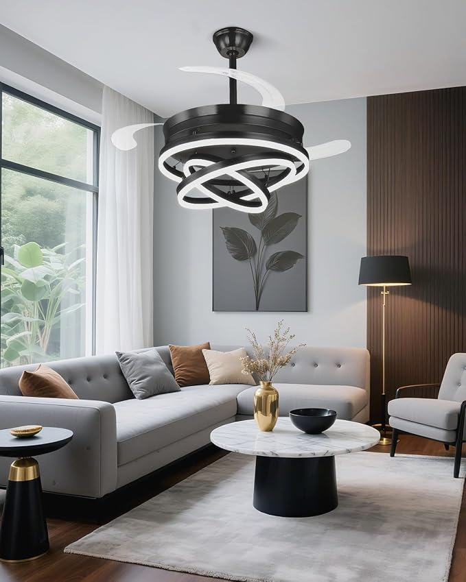 Retractable Ceiling Fans with Lights, 42" Fandelier Ceiling Fan with Light and Remote, Reversible, 3 CCT, Dimmable, Modern Chandelier Ceiling Fan for Bedroom, Living Room, Dining Room (Black)