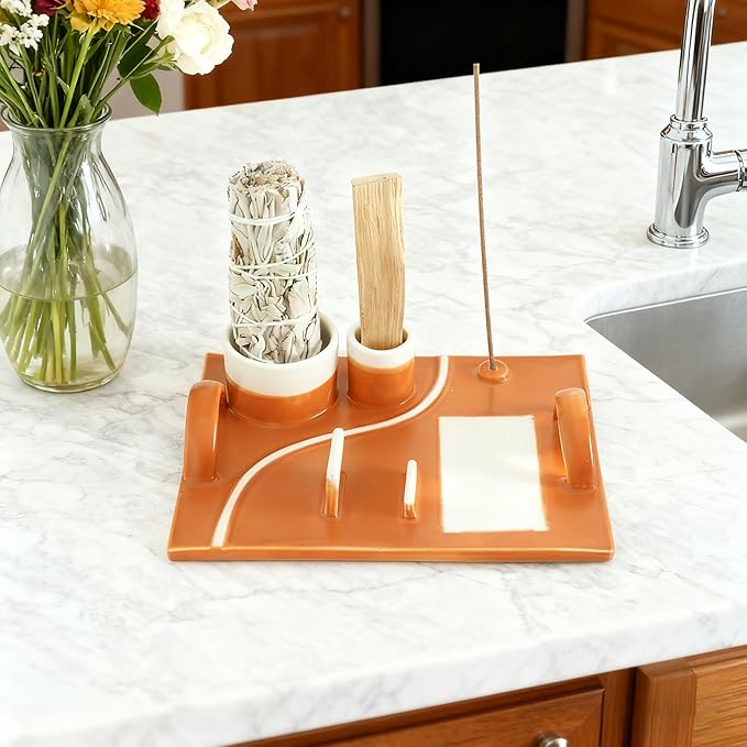 Sage Burner Plate, Large Incense Holder 7", Incense Tray Ash Catcher, Palo Santo Holder, Incense Stick Holder, White Sage Holder with Handle, Sage Holder for Burning, Modern Plao Santo Burner