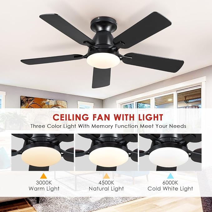 Mpayel 46 Inch Ceiling Fans with Lights and Remote, Black Ceiling Fan with Light Flush Mount, Low Noise, Reversible, Dimmable, Modern Low Profile Ceiling Fan with Light for Bedroom Indoor Outdoor