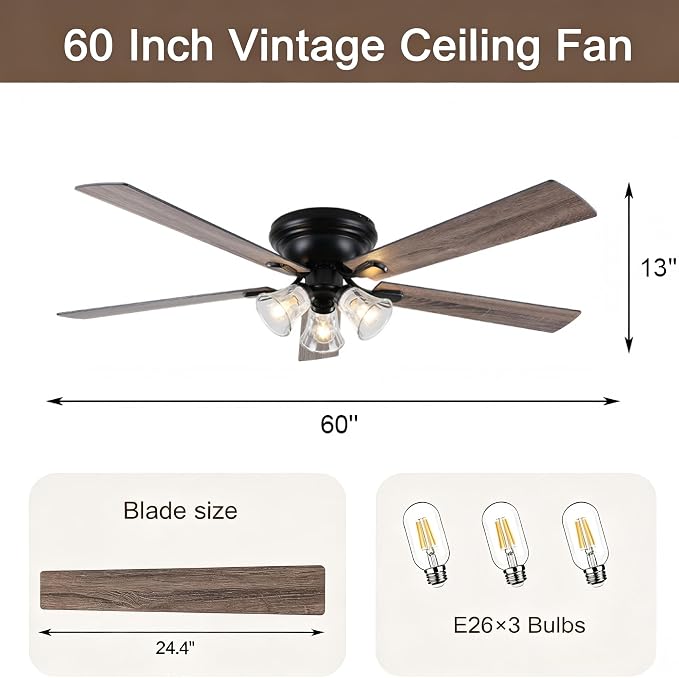 60" Vintage Ceiling Fan with Lights Remote, Flush Mount Fandelier | Farmhouse Ceiling Fan 3-Lights Rustic Chandelier for Living Room Bedroom, 3 E26 Bulb Bases Reversible Quiet DC Motor 6 Speeds