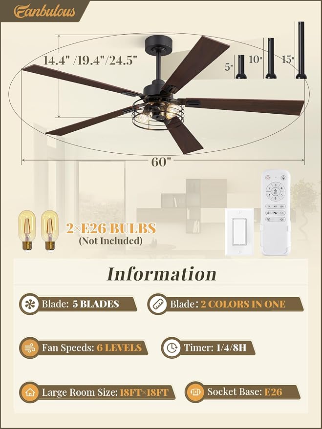 Fanbulous 1 Pack Farmhouse 60 Inch Ceiling Fans with Lights, Black Industrial Caged Ceiling Fans for Bedroom Living Room, Double-Sided 5 Blades Rustic Ceiling Fan-Black