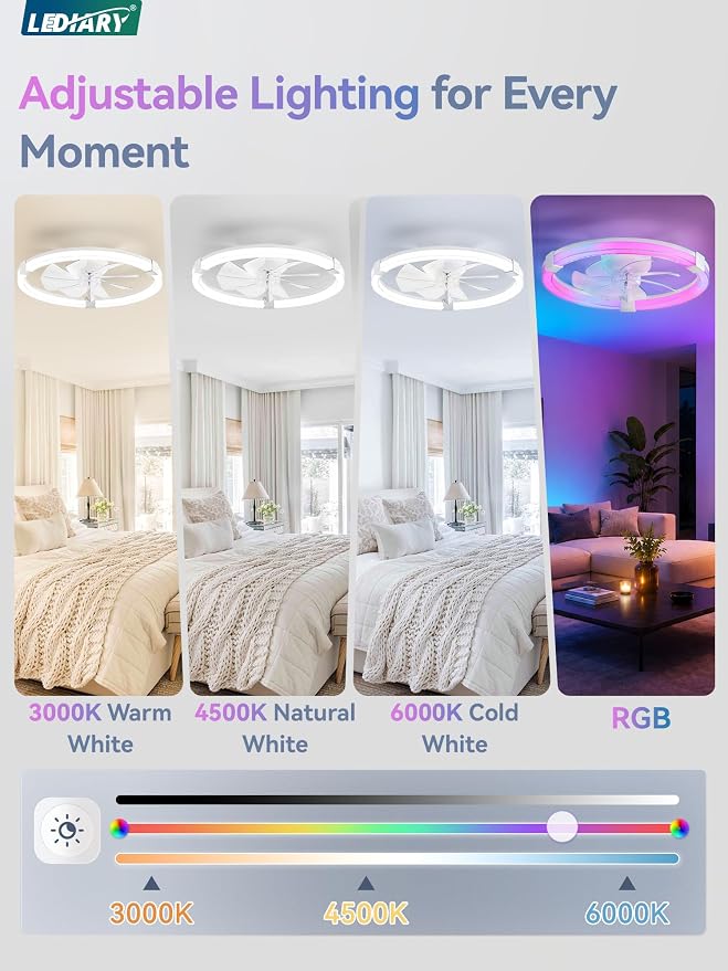 LEDIARY Ceiling Fan with Light,23inch Low Profile Fandelier with Remote RGB | RGB,6 Speeds, Reversible DC Motor, Dimmable Flush Mount Fan Light, Modern fans for Bedroom
