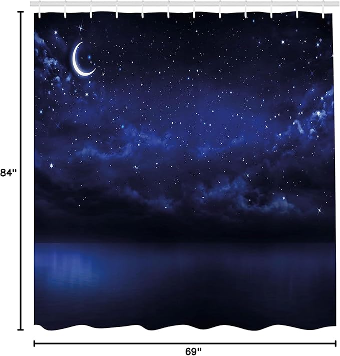 Ambesonne Night Sky Shower Curtain, Starry Cartoon Design Sky with Lunar Moon and Stars Clouds Sea Scenery, Cloth Fabric Bathroom Decor Set with Hooks, 69" W x 84" L, Dark Blue and White