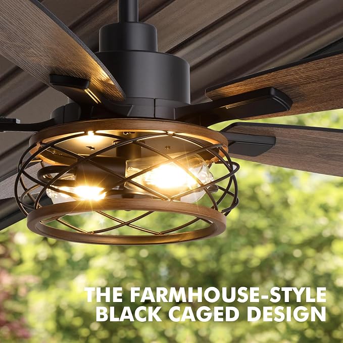 52 Inch Farmhouse Ceiling Fan with Lights and Remote, Dual Finish 5 Blades, 6-Speed Adjustable, Quiet & Reversible DC Motor, Rustic Caged Ceiling Fan for Bedroom Living Room Outdoor Covered Patio