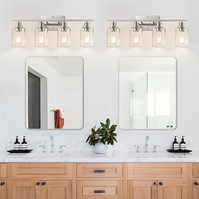 Indoi 4-Light Bathroom Light Fixtures, Brushed Nickel Modern Vanity Lights with Clear Glass Shades, Bathroom Wall Lamp for Mirror Living Room Cabinet Bedroom Porch