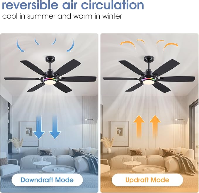 SHIHOT 54" Modern 6-Blade Black RGB Ceiling Fans with Lights and Remote | 14 RGB Modes ,6 Wind Speeds, Reversible, Dimmable 3 CCT LED, 30W Quiet DC Motor,6 Double-Sided Blades,for Bedroom Kidsroom