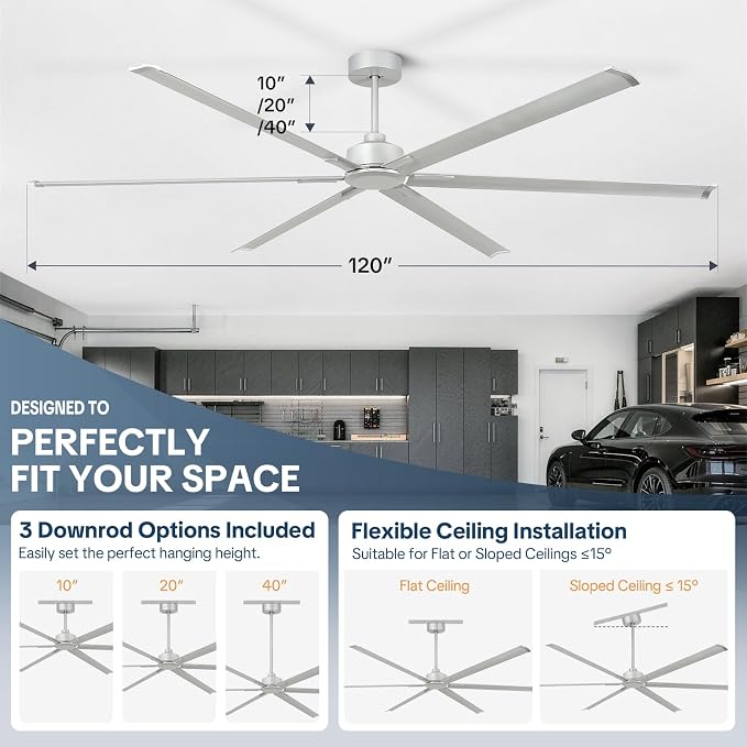 120 Inch Extra Large Industrial Ceiling Fan, Commercial High CFM Ceiling Fans, 6 Speed Remote Control,Quite DC Reversible Motor, 6 Silver Aluminum Heavy Duty Blades, 3 Downrods for Shop/Garage/Patio