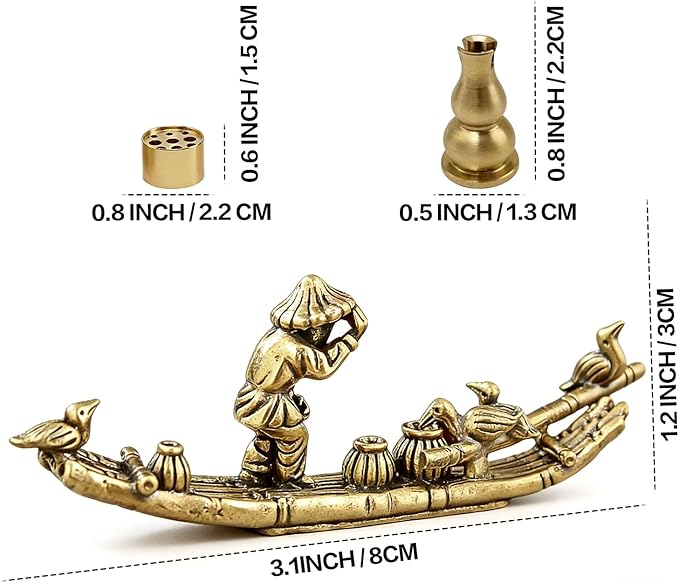 Vintage Solid Brass Bamboo Raft Fisherman Figurines, Incense Holder Zen Decor for Tea Table, Home Office Collectible Sculpture for Zen Enthusiasts Tea Lovers