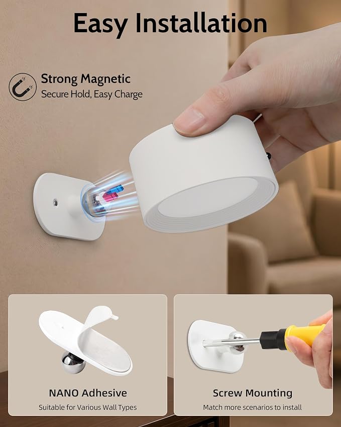 LED Wall Mounted Lights, Rechargeable Wall Sconces, 3 Color Temps, Remote & Touch, 360° Rotating and Dimmable for Bedroom, Bedside & Reading (White, 3 Pack)
