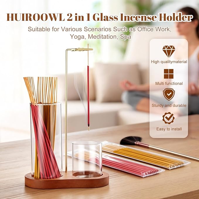 2 in 1 Glass Incense Holder for Sticks, Upside Down Incense Burner with Ash Catcher & Storage for Yoga Spa Home Decor Meditation - Brush & 40 Incense Sticks