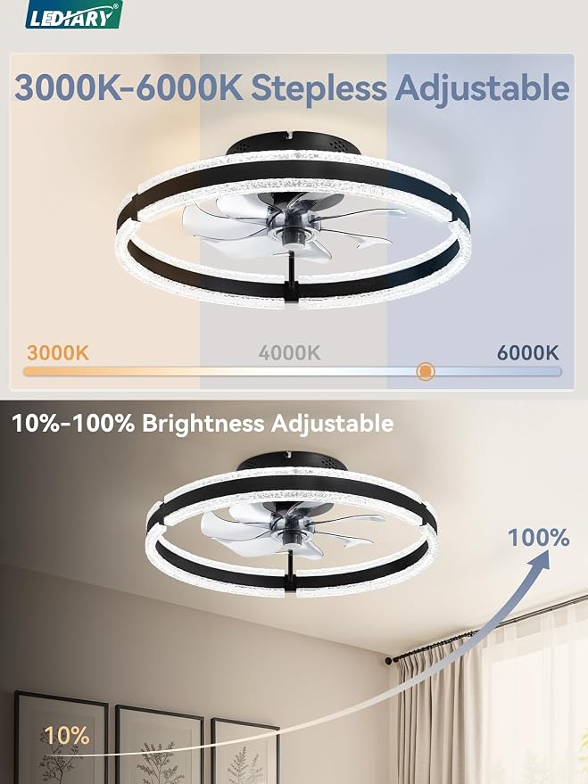LEDIARY Ceiling Fans with Lights and Remote, 20'' Low Profile Ceiling Fan with Light, 3000-6000K Dimmable Fandelier Ceiling Fans, Modern Flush Mount Fan Light for Bedroom with 6 Wind Speeds- Black