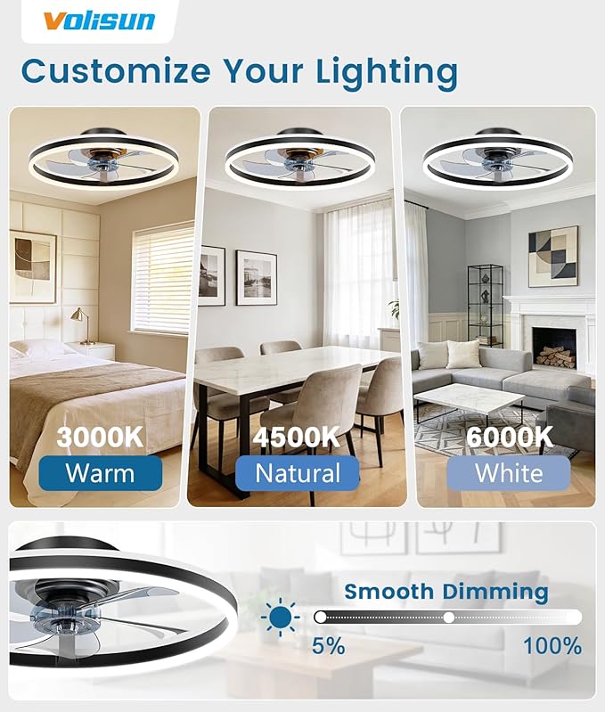 VOLISUN RGB Ceiling Fans with Lights and Remote, 20in Low Profile Ceiling Fans with Lights Flush Mount, 3000K-6500K Dimmable Fandelier LED Fan Light, Black Bladeless Ceiling Fans for Bedroom