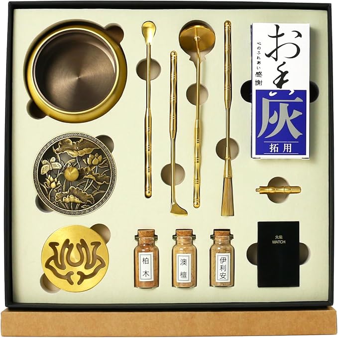 Chinese Incense Burner Kit, Agarwood Incense Burner, Incense Powder Kit, Brass Incense Making Kit, Burner Kit (Brass Lotus Flower Covers)