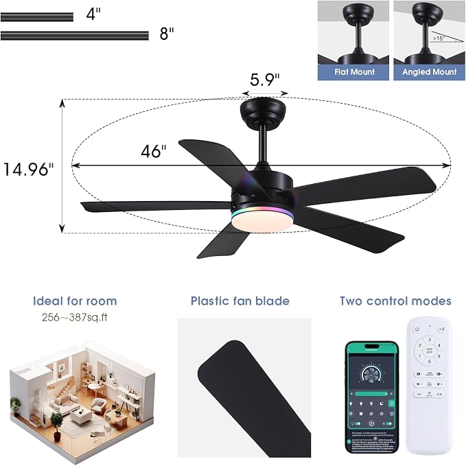 SHIHOT 46" Black Modern RGB Ceiling Fans with Lights for Bedroom Kids room | 14 RGB Modes ,6 Wind Speeds, Reversible, Dimmable 3 CCT LED, 35W Quiet DC Motor,6 Double-Sided Blades,for Bedroom Kidsroom