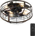 Caged Ceiling Fan with Light, 16 Inch Farmhouse Round Flush Mount Fan Lights Ceiling Fixtures, Need Assembly, 6 Speeds Reversible Motor Small Bladeless Ceiling Fans for Bedroom, Living Room