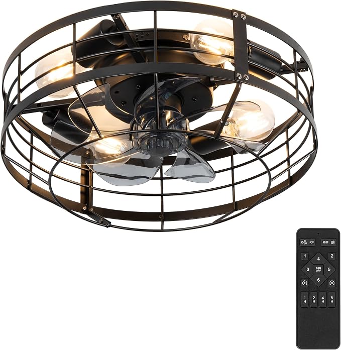 Caged Ceiling Fan with Light, 16 Inch Farmhouse Round Flush Mount Fan Lights Ceiling Fixtures, Need Assembly, 6 Speeds Reversible Motor Small Bladeless Ceiling Fans for Bedroom, Living Room